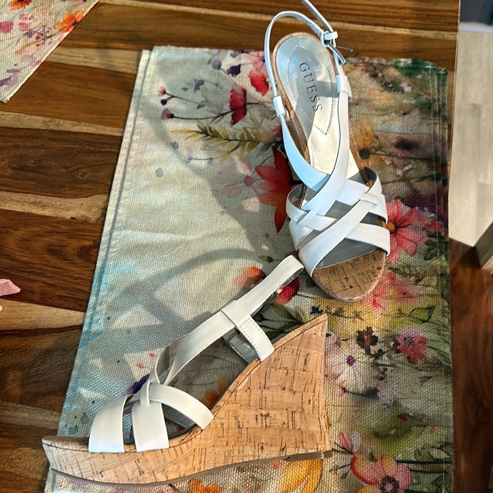 Guess white leather tall platform wedge size 7